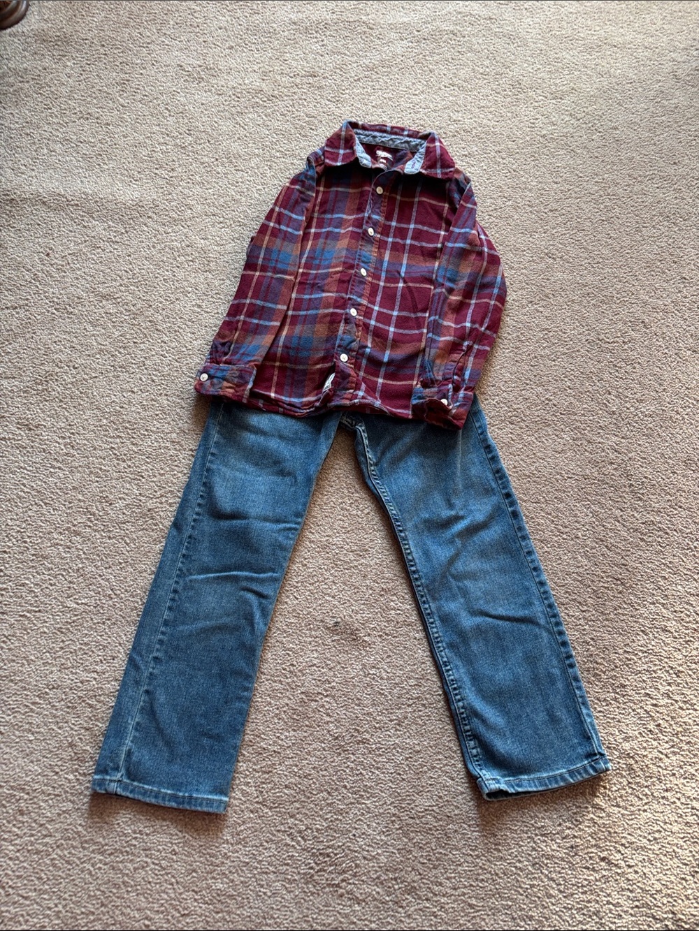 Lee Kids Jeans in Blue with OshKosh Burgundy Plaid Shirt